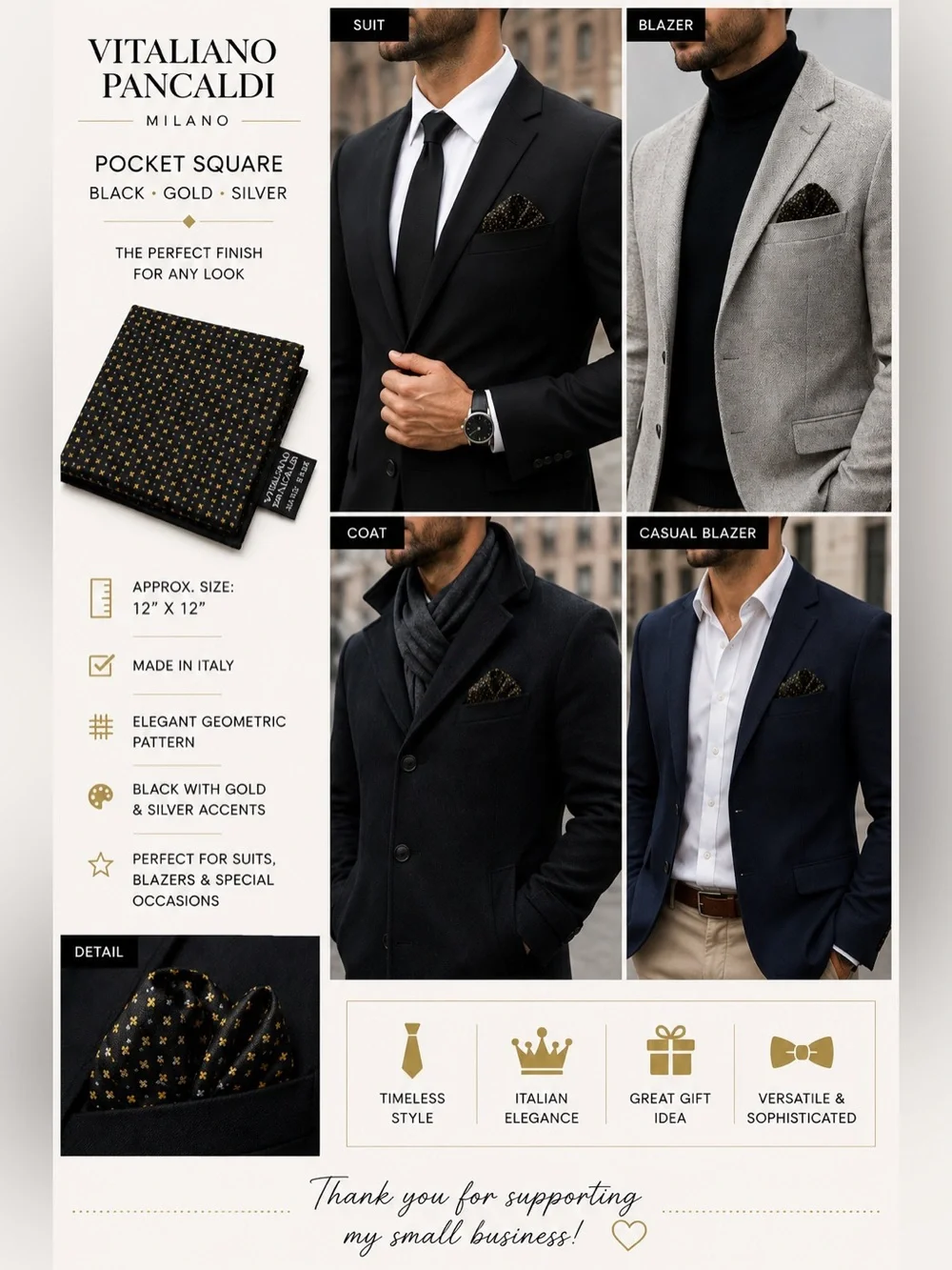 Vitaliano Pancaldi Milano Pocket Square Black Gold Silver Geometric Italy 12x12